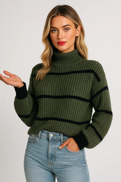SERELLE STAND COLLAR STRIPED SWEATER